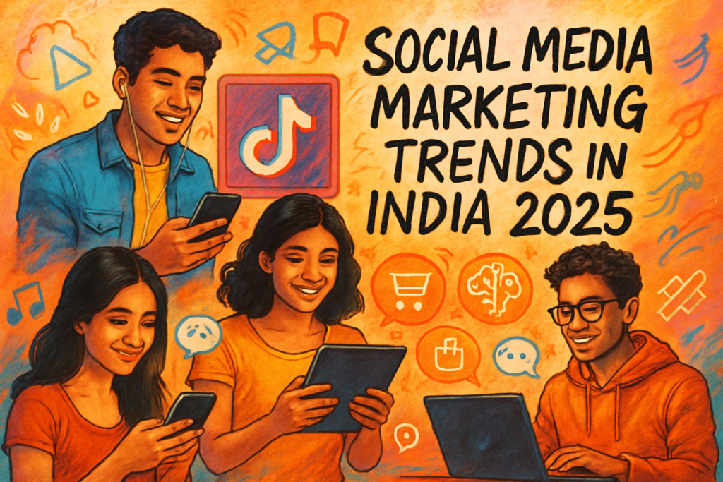 Illustration of four young people in India using digital devices such as smartphones, tablets, and laptops, surrounded by social media icons. Text reads 'Social Media Marketing Trends in India 2025' with a TikTok logo in the background.