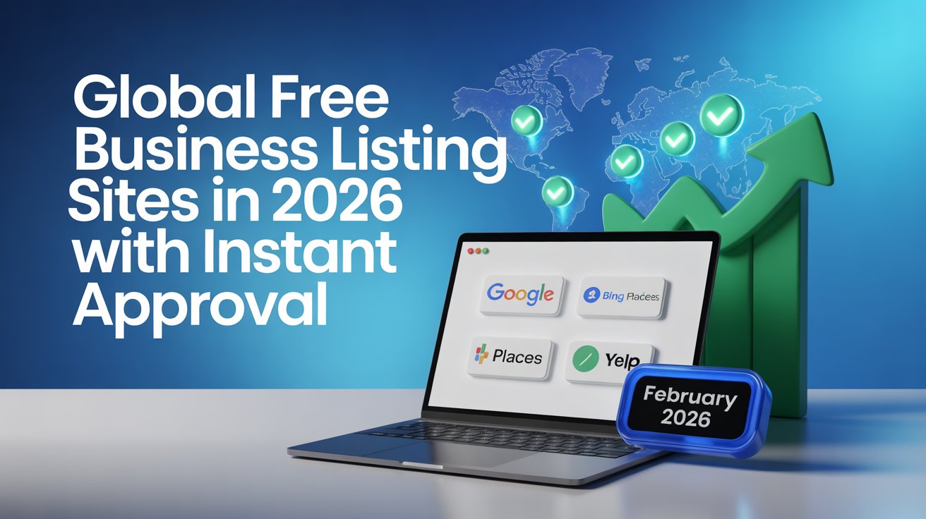 Global Free Business Listing Sites in 2026 with Instant Approval — featuring Google, Bing Places, Places, and Yelp logos on a laptop screen with a world map and growth arrow graphic.