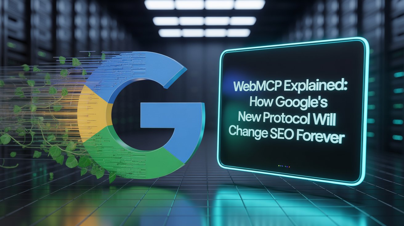 3D rendered scene featuring the Google "G" logo with colorful data streams and ivy vines in a futuristic server room, alongside a glowing cyan-bordered digital display reading "WebMCP Explained: How Google's New Protocol Will Change SEO Forever"