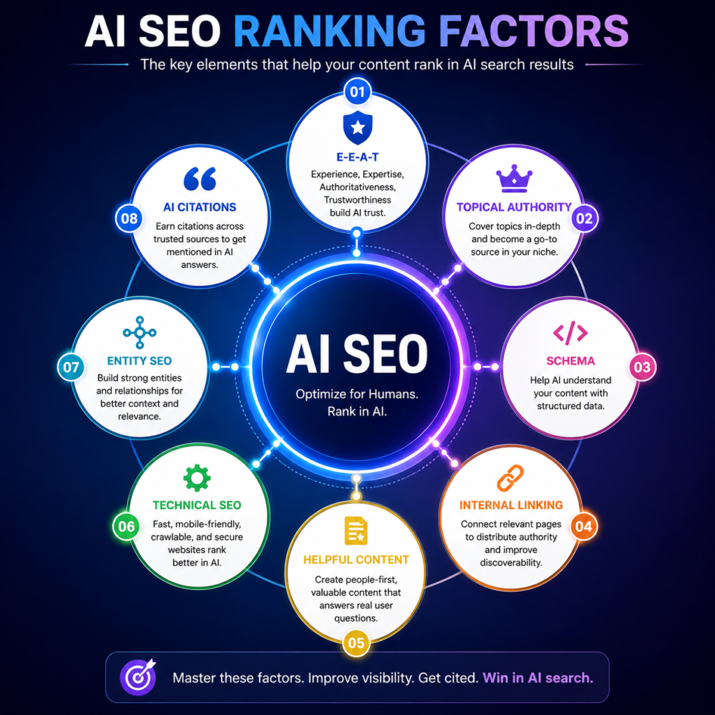 AI SEO ranking factors infographic showing the core elements of AI search optimization including E-E-A-T, topical authority, schema markup, internal linking, helpful content, technical SEO, entity SEO, and AI citations.