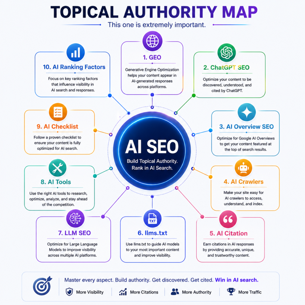 Topical authority map infographic showing an AI SEO content cluster with supporting topics including Generative Engine Optimization (GEO), ChatGPT SEO, Google AI Overviews SEO, AI Crawlers, AI Citations, llms.txt, LLM SEO, AI Tools, AI SEO Checklist, and AI Ranking Factors.