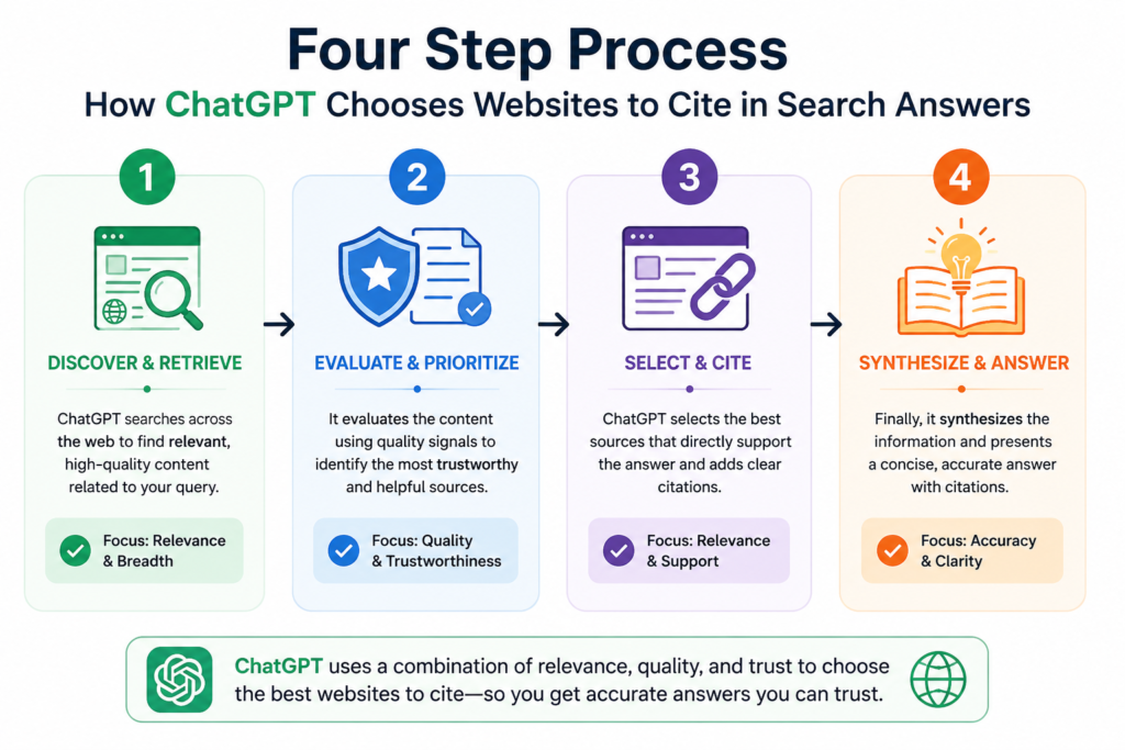 Four step process showing how ChatGPT chooses websites to cite in search answers