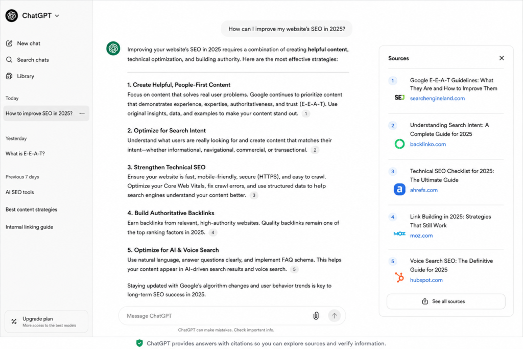 ChatGPT answer displaying source citations from external websites